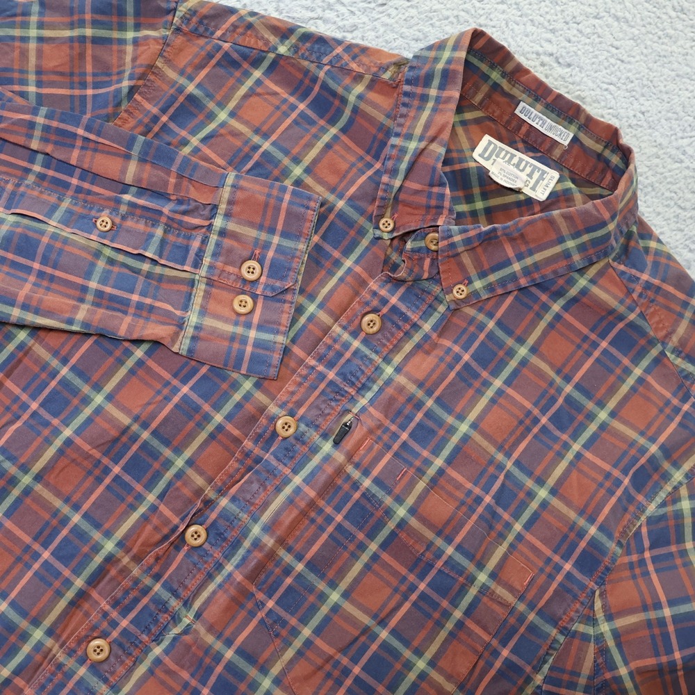 Duluth Trading Co‎ Untucked Slim Fit Plaid Shirt Mens XL Tall Orange Blue Cotton